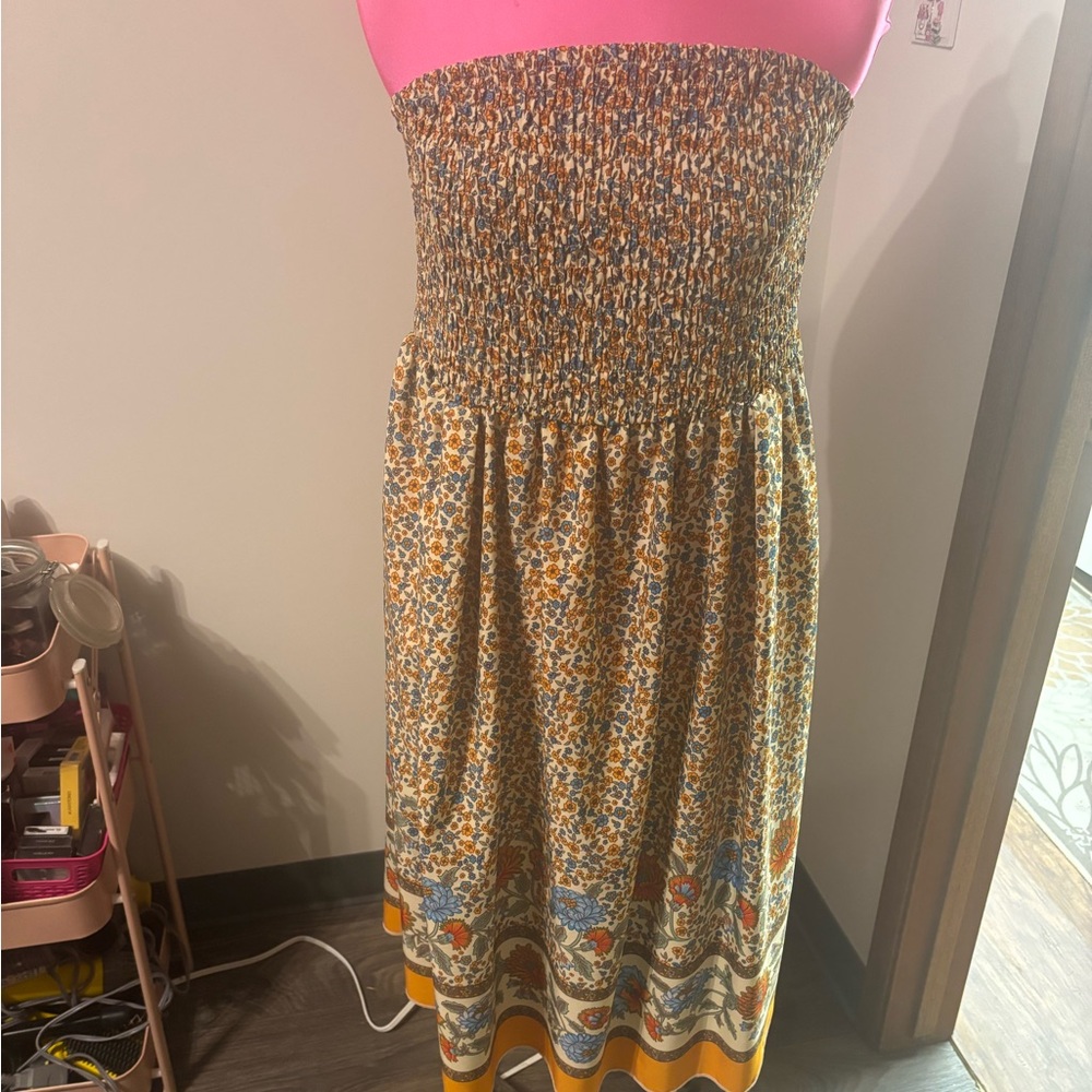 SHEIN Curve Blue and Orange Floral Smocked DRess